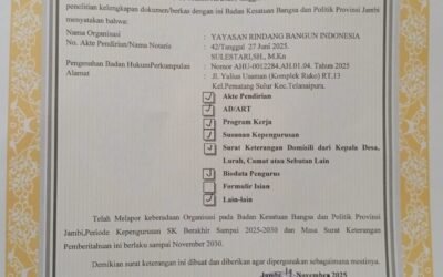 YAYASAN RINDANG BANGUN INDONESIA RESMI TERDAFTAR DI KESBANGPOL PROVINSI JAMBI
